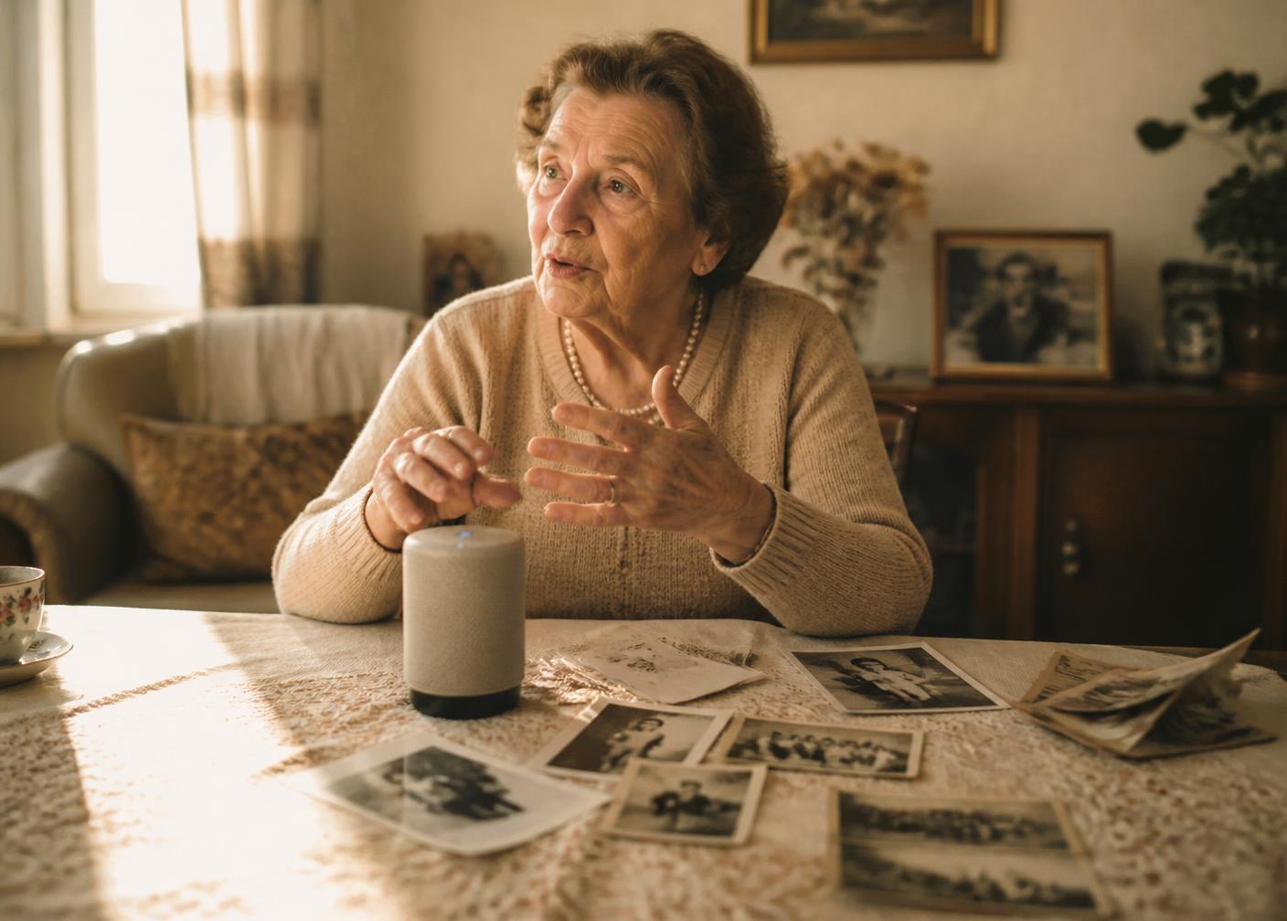 An elderly woman telling stories at her kitchen table beside old family photographs